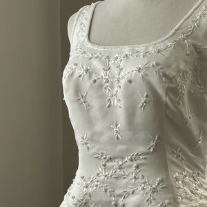 Wedding Dress: embroidered, beaded, soft white, square neck